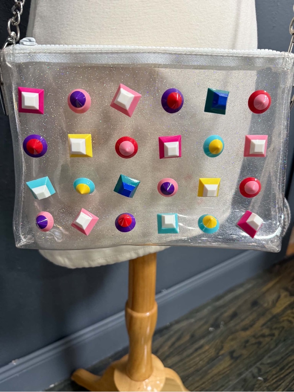 Clear festive Crossbody Bag with Multicolor Studs - Silver Sparkle